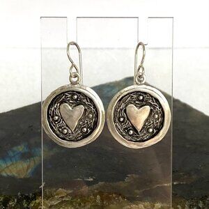 VTG Sterling Silver 925 1.45" Textured Round Heart Disc Dangle Earrings
